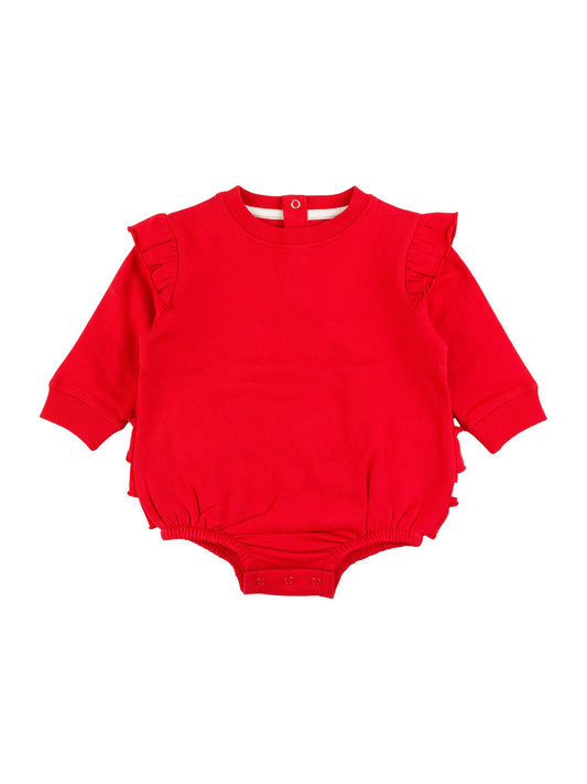RuffleButts + RuggedButts - Baby Girls Red Sweatshirt Bubble Romper
