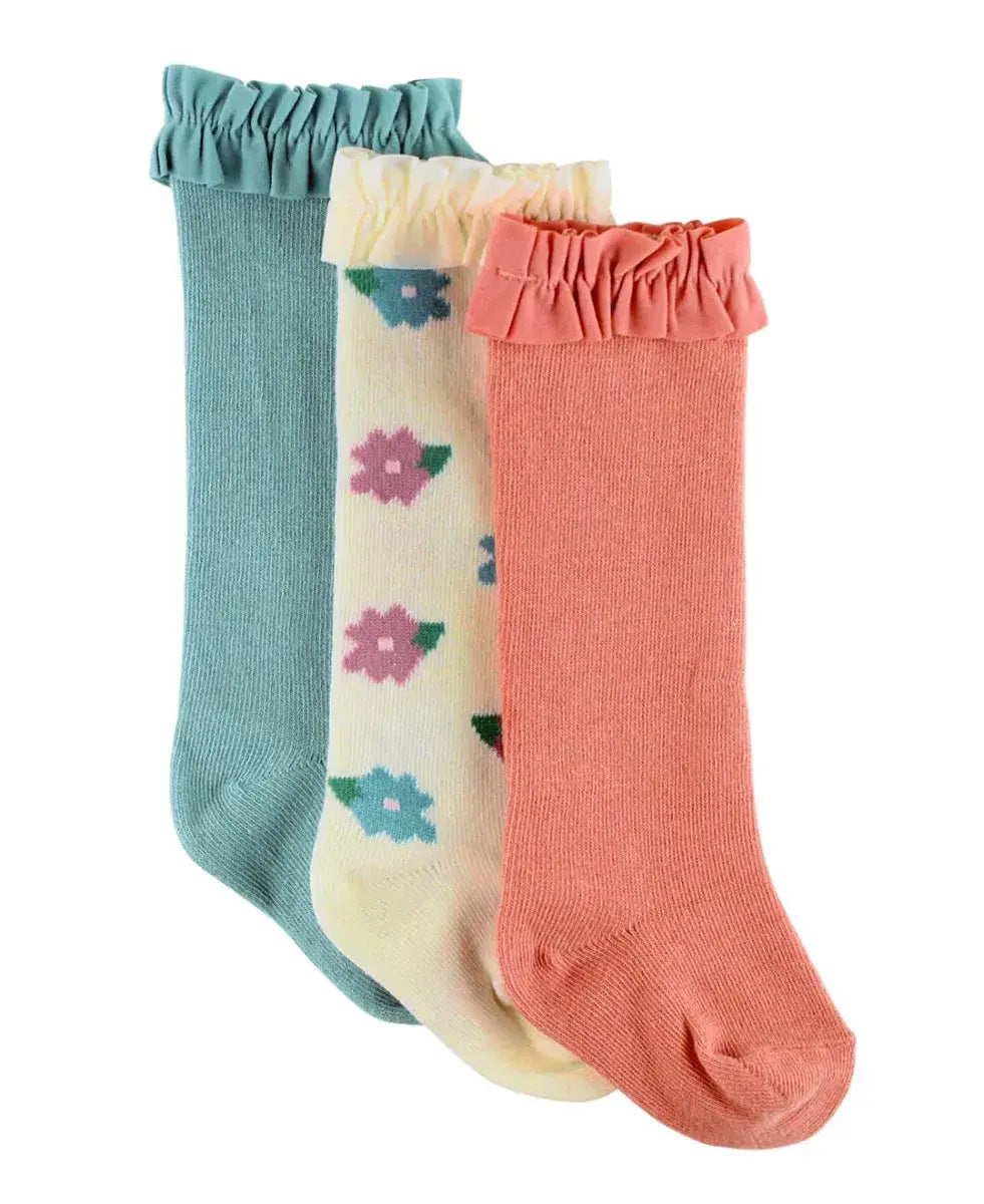 RuffleButts - 3-Pack Antique Blue, Floral & Terra Cotta Knee High Socks