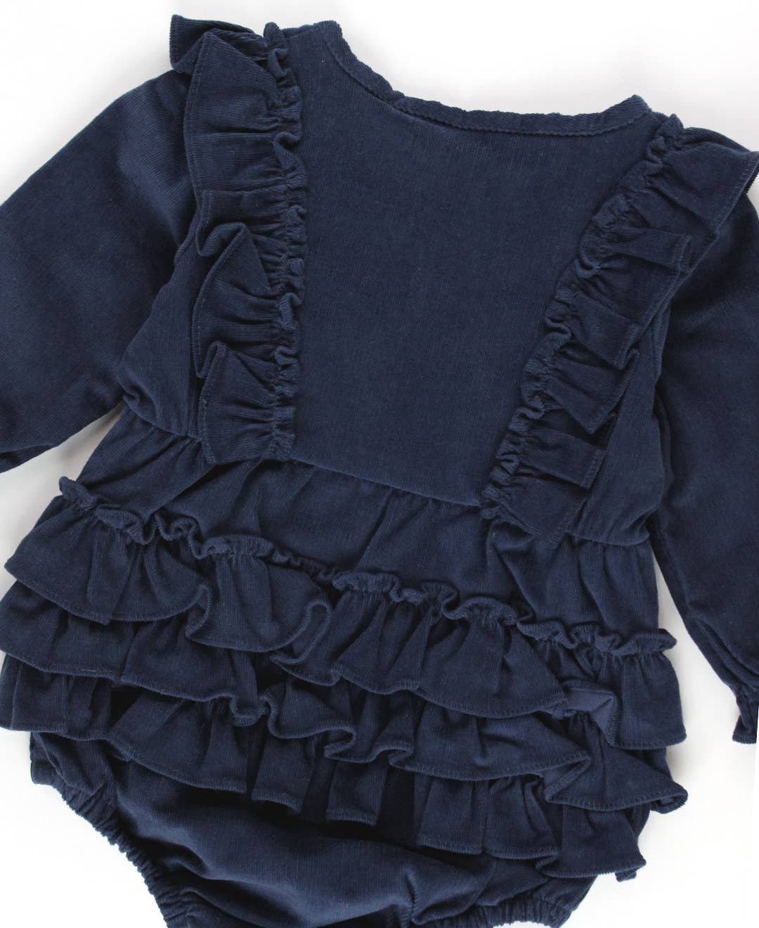 RuffleButts + RuggedButts - Baby Girls Dark Navy Stretch Corduroy Waterfall Bubble Romper