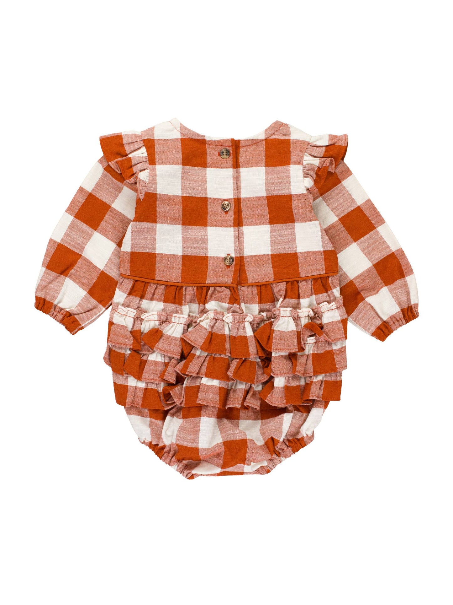 RuffleButts + RuggedButts - Baby Girls Rust Plaid Woven Flutter Bubble Romper