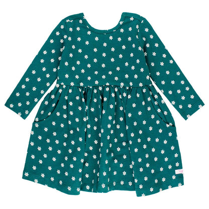 RuffleButts - Teal Buds Knit Long Sleeve Twirl Dress