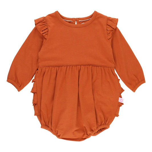 RuffleButts + RuggedButts - Baby Girls Rust Knit Long Sleeve Flutter Bubble Romper