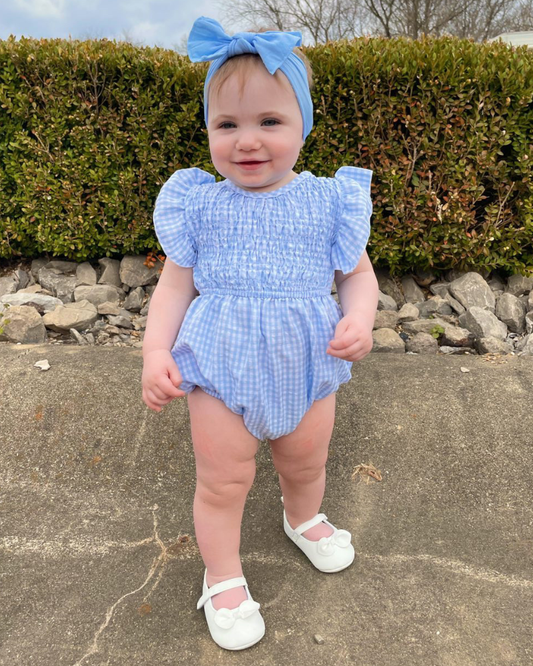 Bailey's Blossoms - Astrid Flutter Sleeve Bubble Romper - Light Blue Gingham