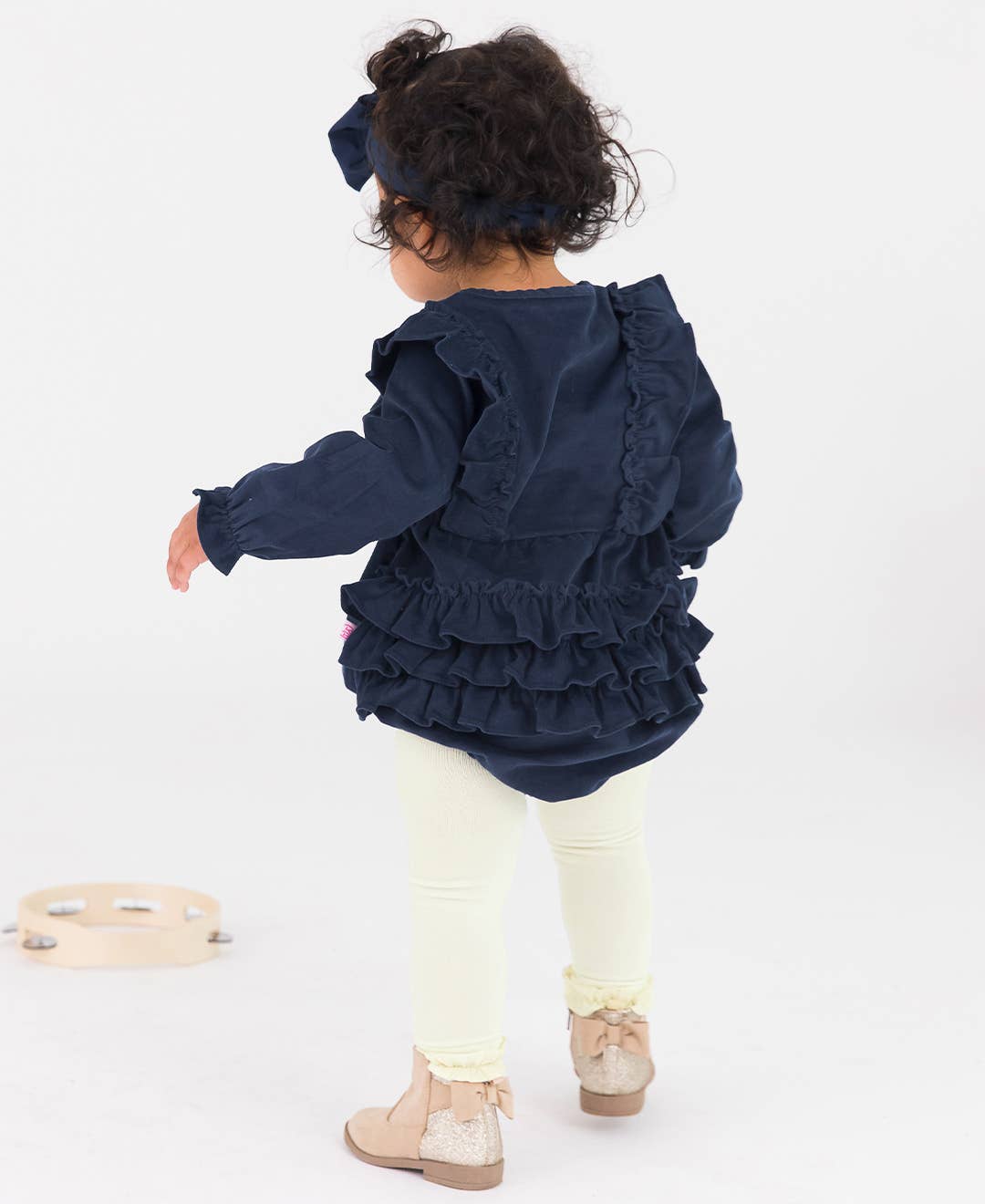 RuffleButts + RuggedButts - Baby Girls Dark Navy Stretch Corduroy Waterfall Bubble Romper