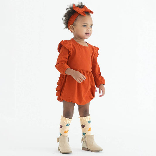 RuffleButts + RuggedButts - Baby Girls Rust Knit Long Sleeve Flutter Bubble Romper