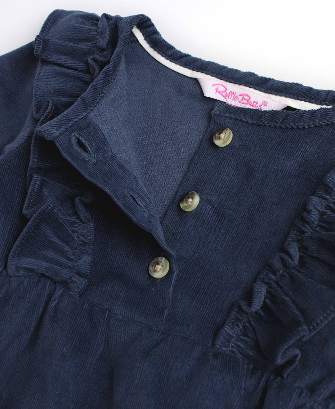 RuffleButts + RuggedButts - Baby Girls Dark Navy Stretch Corduroy Waterfall Bubble Romper