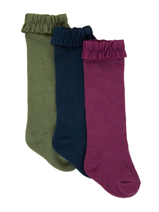 RuffleButts + RuggedButts - Girls 3-Pack Knee High Ruffle Socks - Dusty Olive, Navy, & Eggplant Harvest