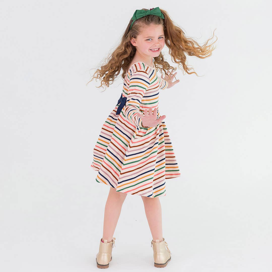 Sunrise Rainbow Stripe Knit Long Sleeve Twirl Dress: 4T / Multi-Color