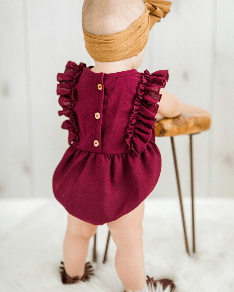 Bailey's Blossoms - Madeline Ruffle Front Bubble Romper - Wine