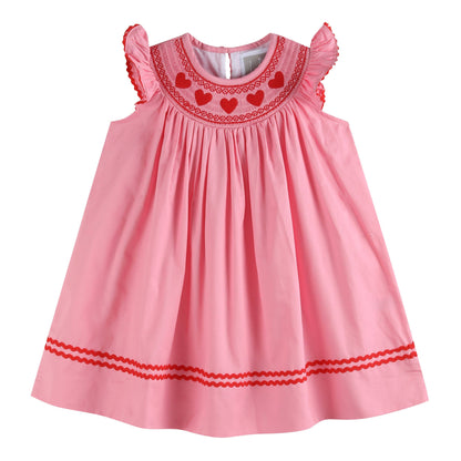 Lil Cactus - Pink Heart Valentine Smocked Bishop Dress: