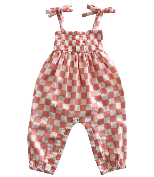 SIIX Collection - Sorbet Checkerboard / Organic Smocked Jumpsuit