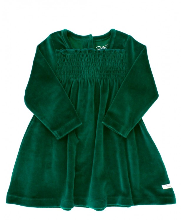 RuffleButts Evergreen Velour Smocked Dress